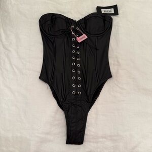 FORPLAY Black Lace-Up Bustier One-Piece Bodysuit Corset
